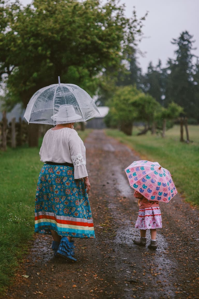 Two figures under umbrellas walking away down a farm track