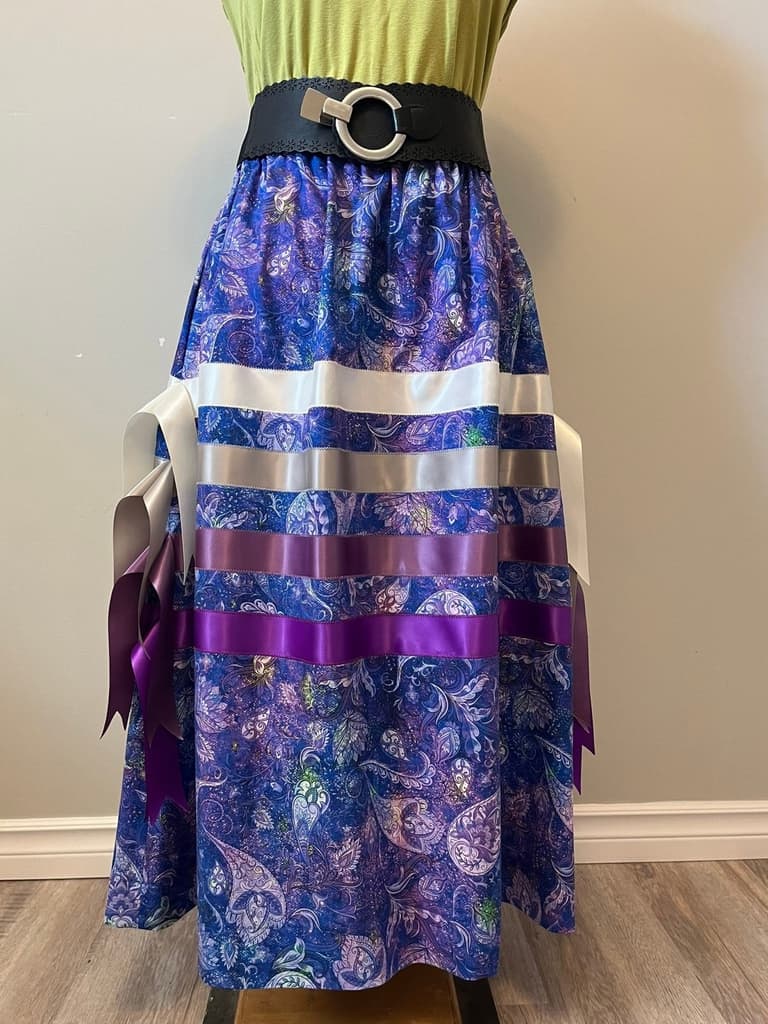 Ribbon skirt in purple and blue paisley cotton with white, silver and purple satin ribbons