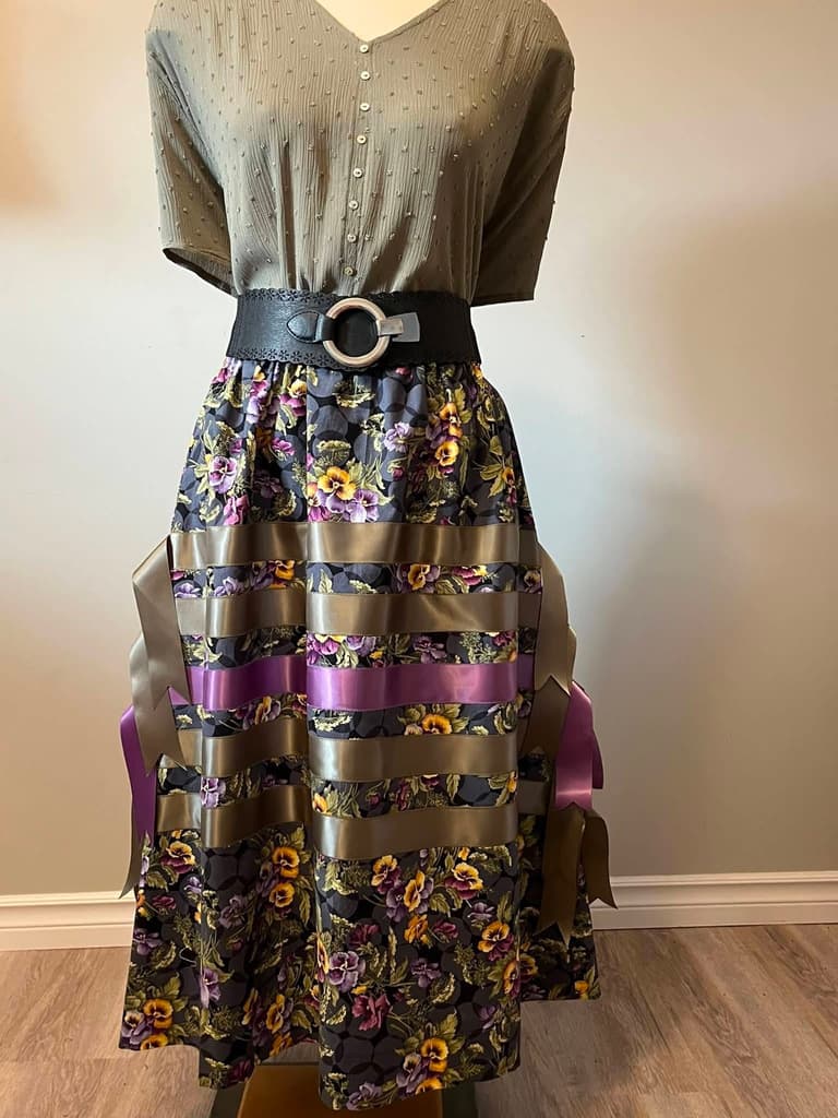Ribbon skirt in dark pansy floral cotton with olive and lilac satin ribbons
